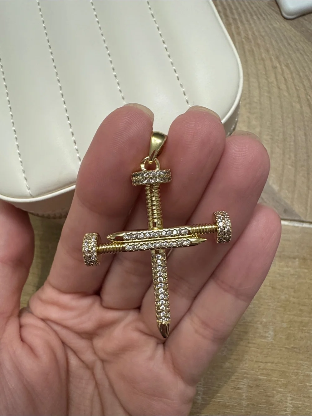 Men’s Gold Nail Cross Pendant - gold plated with CZ stones